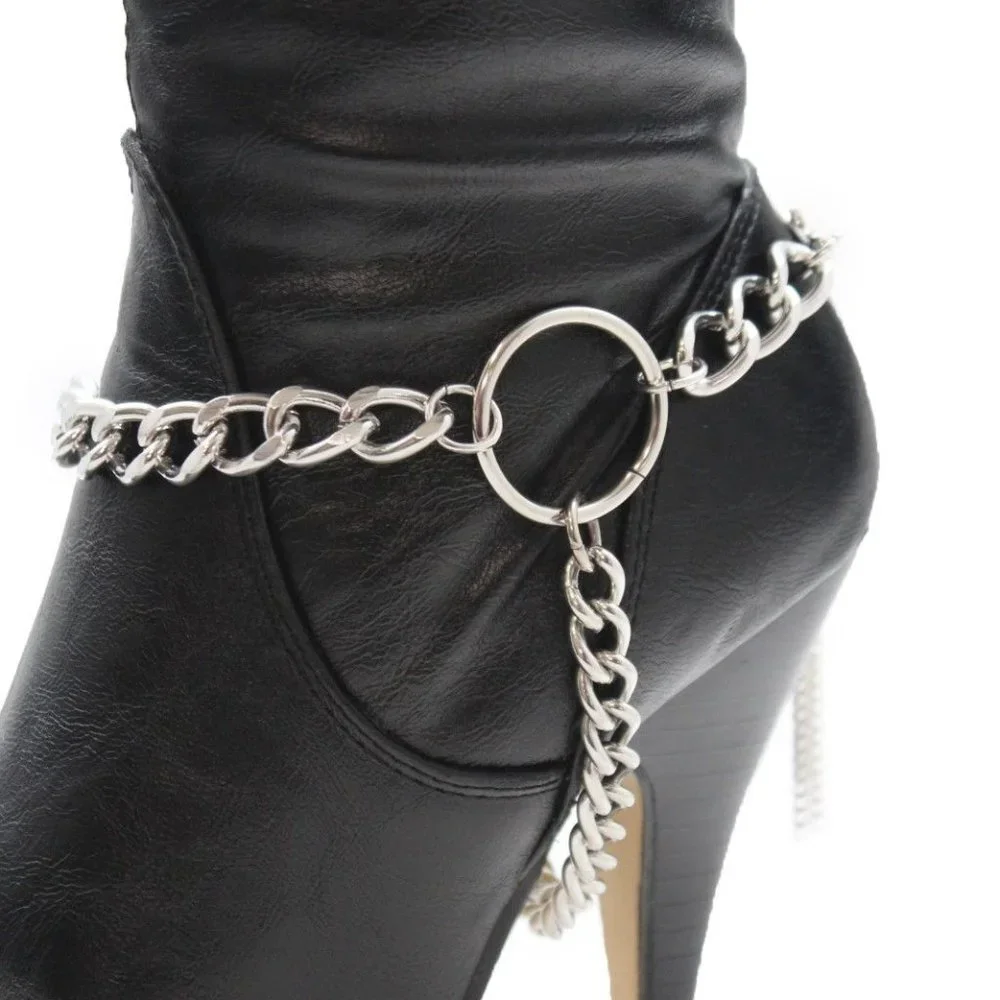 Women Silver Metal Boot Chain Bracelet Circle Back Tassel Shoe Charm Anklet - Picture 6 of 12